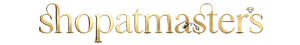 Gold 'shopatmasters' logo on a dark background